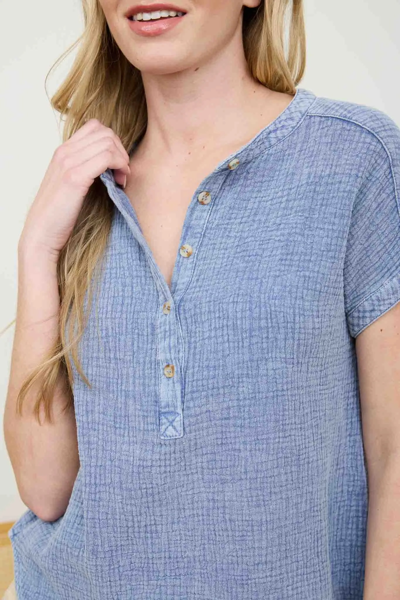 SHORT SLEEVE HENLEY CHAMBRAY TOP sold by Blu Pepper