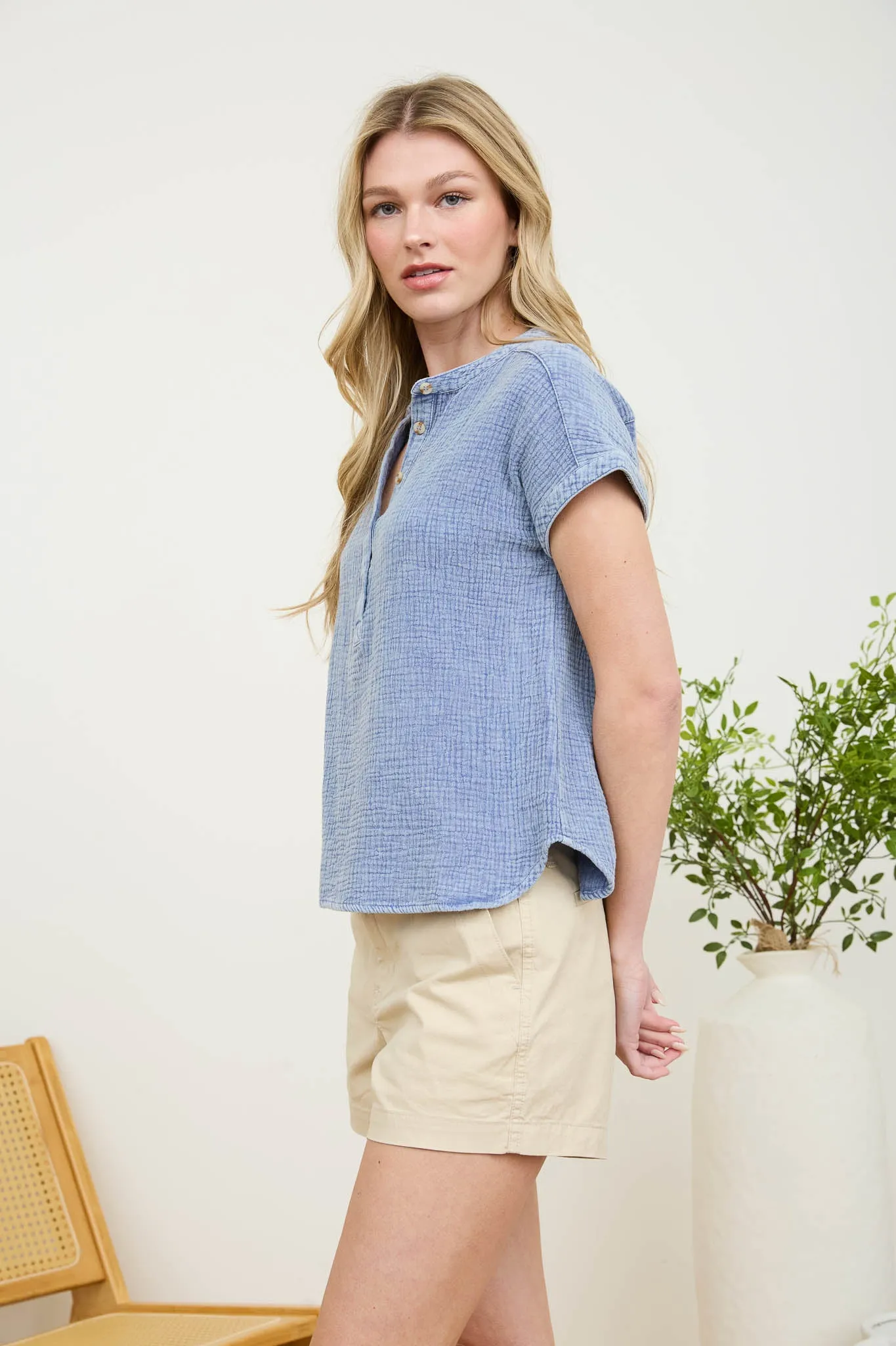 SHORT SLEEVE HENLEY CHAMBRAY TOP sold by Blu Pepper product image thumbnail 3