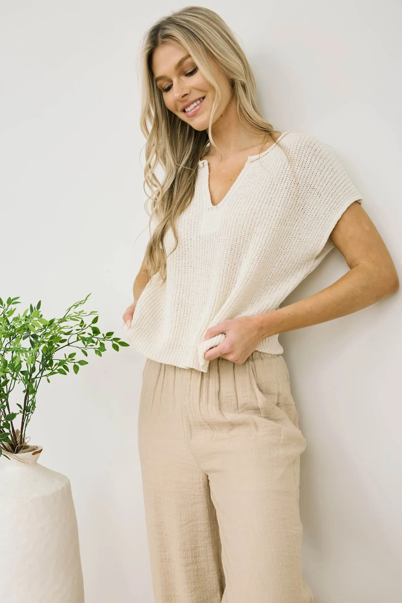 SPLIT NECK SHORT SLEEVE KNIT PULLOVER sold by Blu Pepper