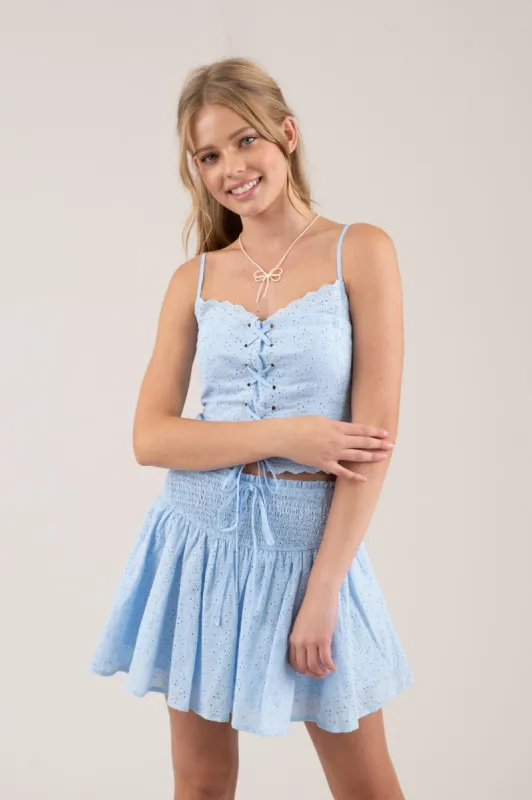 EMBROIDERED EYELET LACE UP SLEEVELESS CROP TOP sold by Blu Pepper