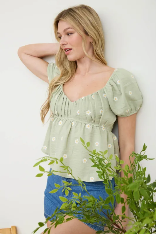 EMBROIDERED DAISY PUFF SLEEVE PLEATED BLOUSE sold by Blu Pepper