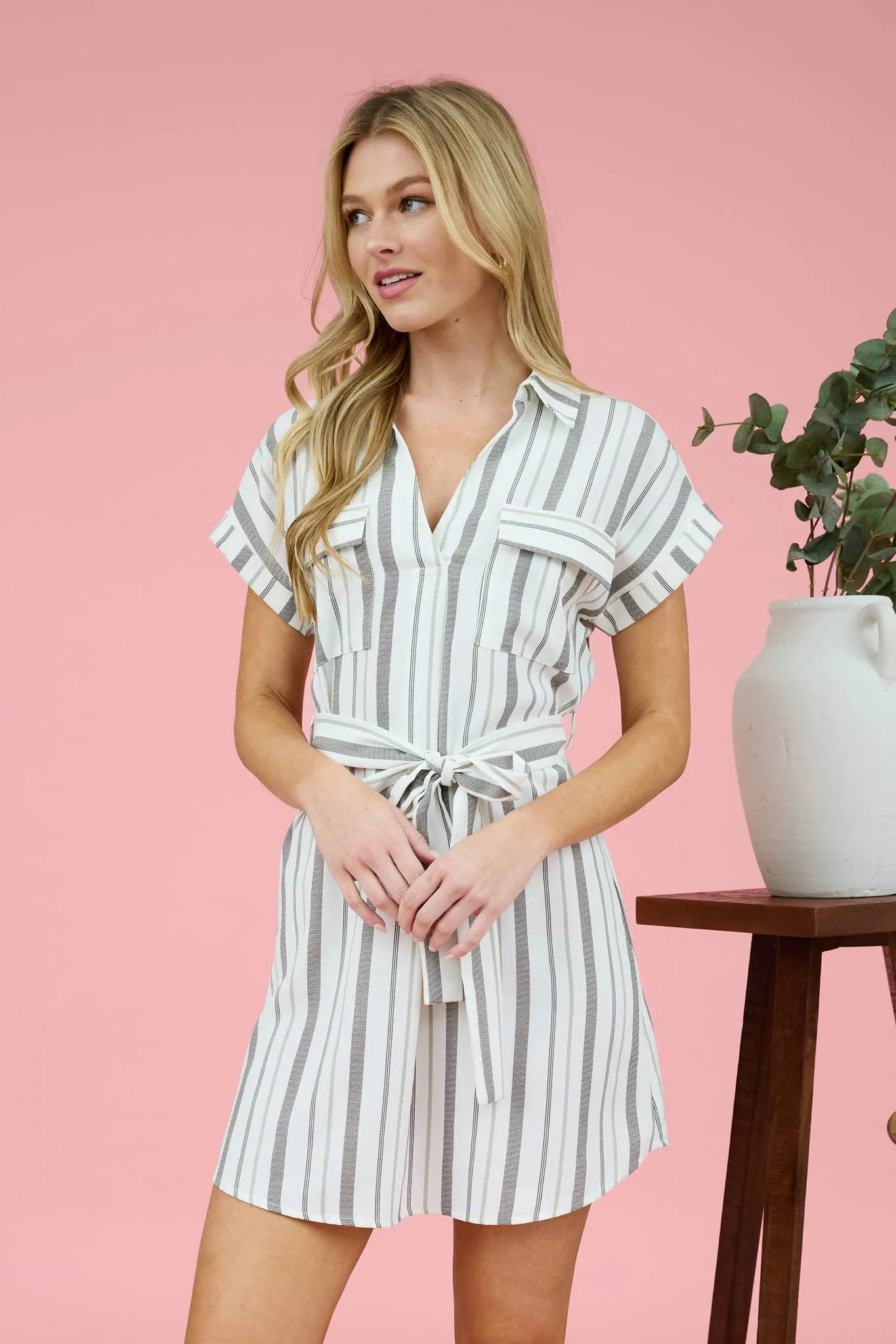 STRIPE COLLARED SHORT SLEEVE BELTED SHIRT DRESS sold by Blu Pepper