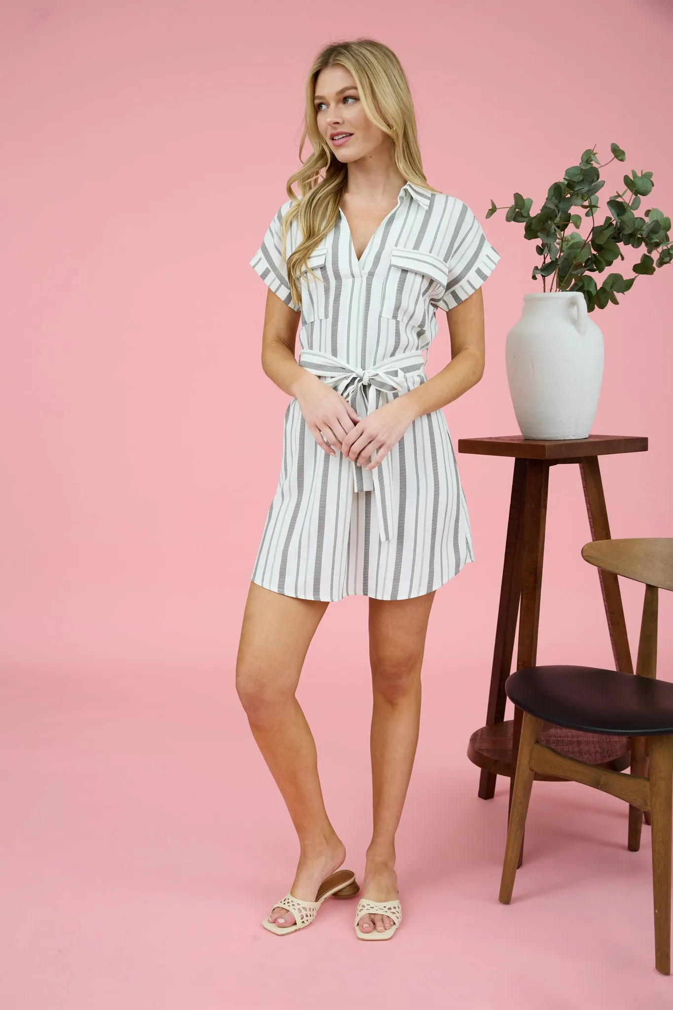 STRIPE COLLARED SHORT SLEEVE BELTED SHIRT DRESS sold by Blu Pepper product image thumbnail 4