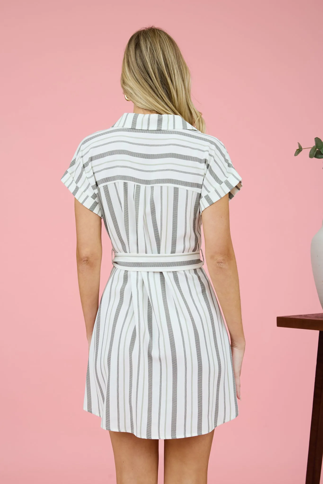 STRIPE COLLARED SHORT SLEEVE BELTED SHIRT DRESS sold by Blu Pepper product image thumbnail 2