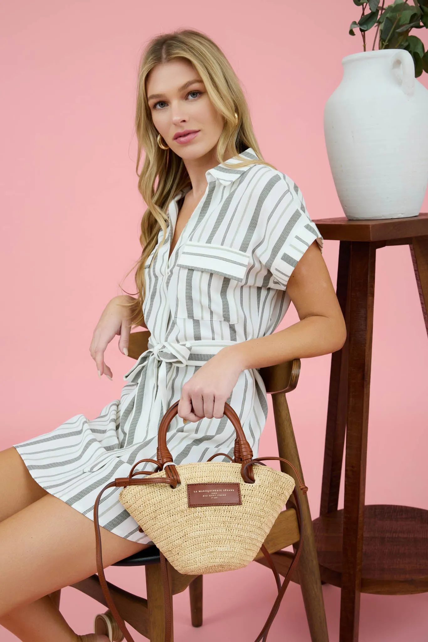 STRIPE COLLARED SHORT SLEEVE BELTED SHIRT DRESS sold by Blu Pepper product image thumbnail 3
