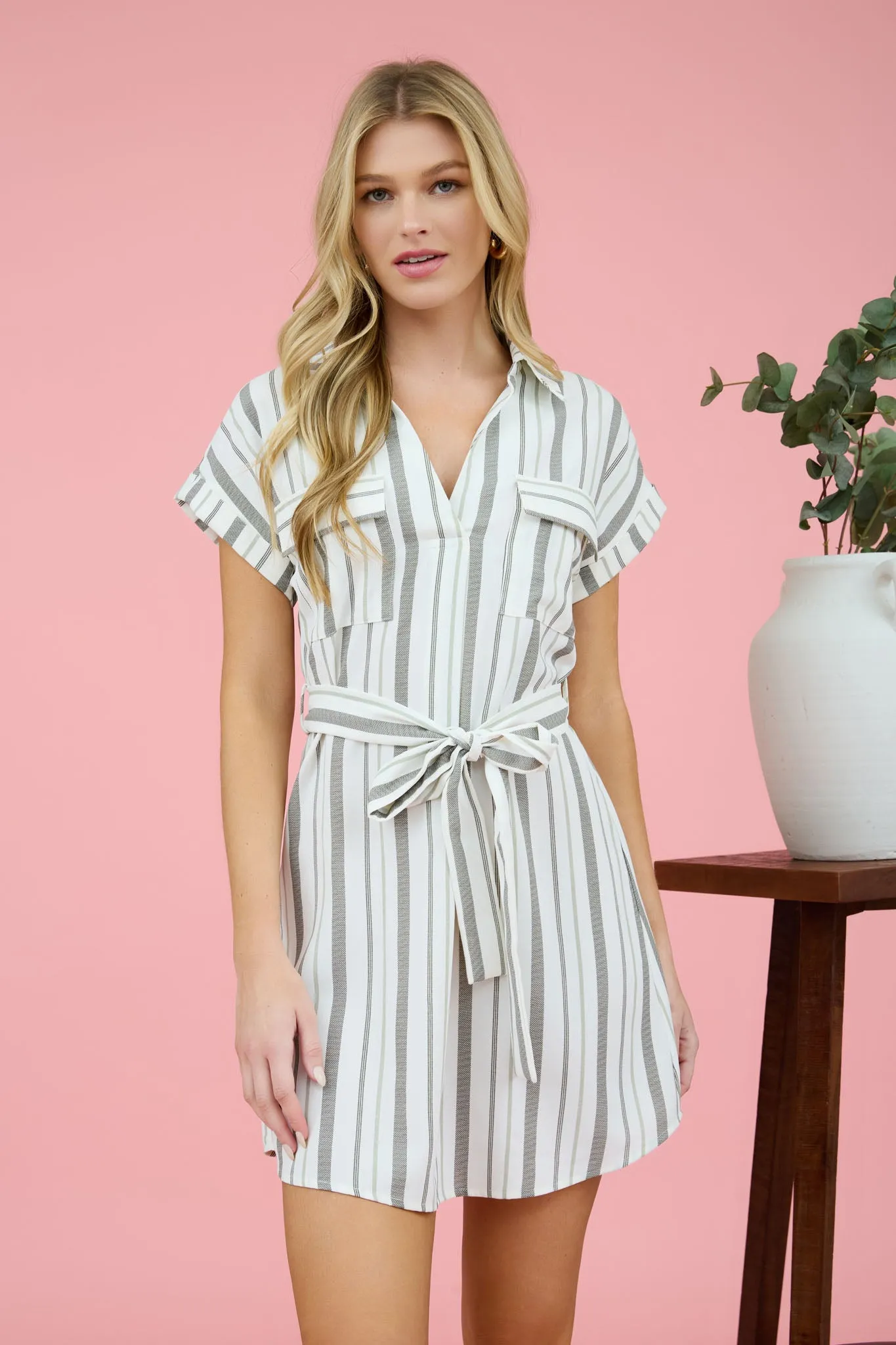 STRIPE COLLARED SHORT SLEEVE BELTED SHIRT DRESS sold by Blu Pepper product image thumbnail 5