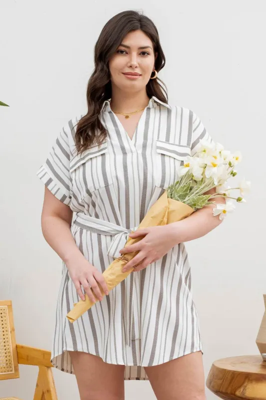 PLUS STRIPE COLLARED SHORT SLEEVE BELTED SHIRT DRESS sold by Blu Pepper