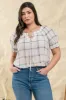 PLUS PLAID SPLIT TIE NECK BUTTON DOWN SMOCKED TOP sold by Blu Pepper