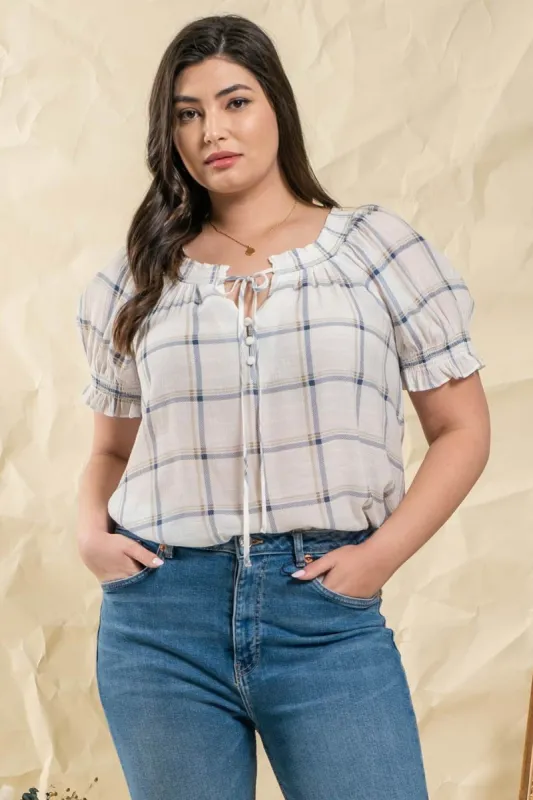 PLUS PLAID SPLIT TIE NECK BUTTON DOWN SMOCKED TOP sold by Blu Pepper