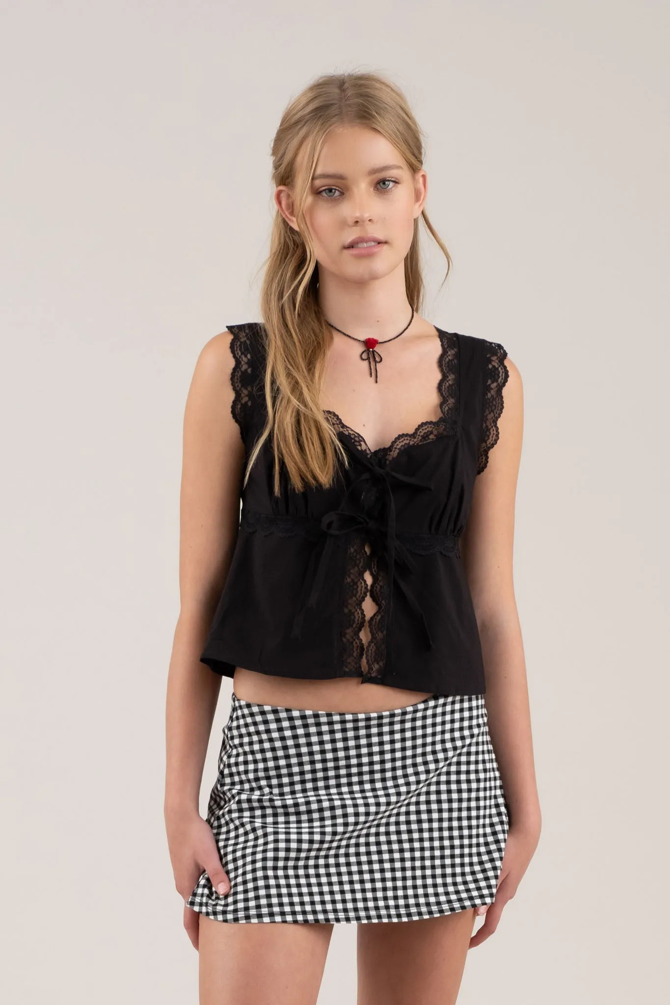 LACE TRIM SLEEVELESS TIE FRONT BLOUSE sold by Blu Pepper product image thumbnail 4