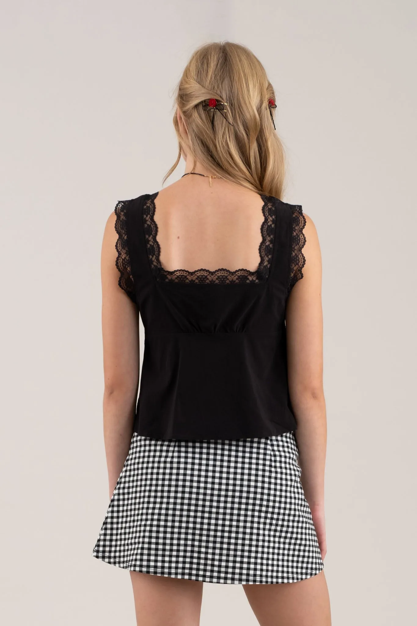 LACE TRIM SLEEVELESS TIE FRONT BLOUSE sold by Blu Pepper product image thumbnail 2