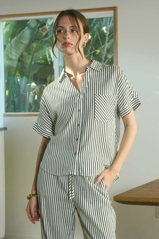 STRIPE COLLAR BUTTON DOWN SHORT SLEEVE LINEN SHIRT sold by Blu Pepper