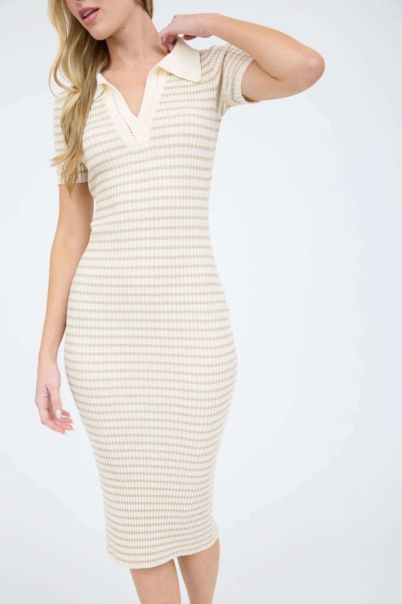 STRIPE COLLARED SHORT SLEEVE KNIT MIDI DRESS sold by Blu Pepper product image thumbnail 5