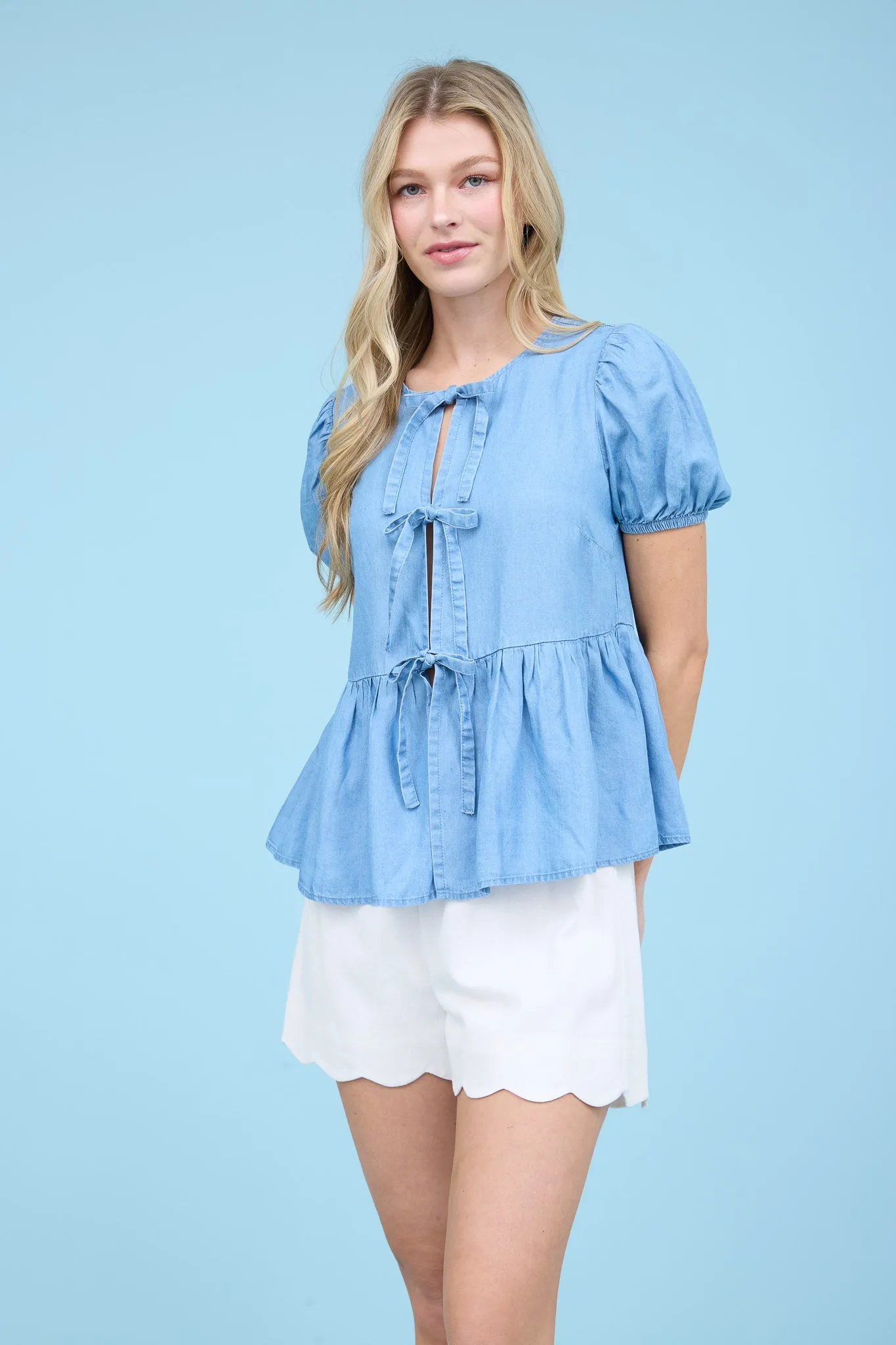 CHAMBRAY FRONT STRAP TIE PUFF SLEEVE BLOUSE sold by Blu Pepper product image thumbnail 5