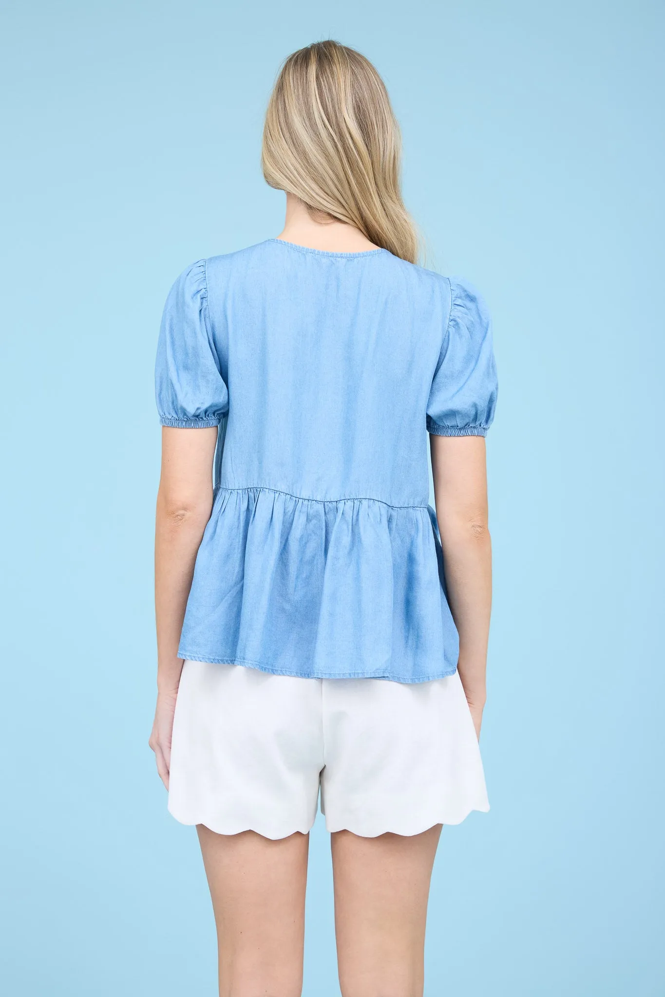 CHAMBRAY FRONT STRAP TIE PUFF SLEEVE BLOUSE sold by Blu Pepper product image thumbnail 2