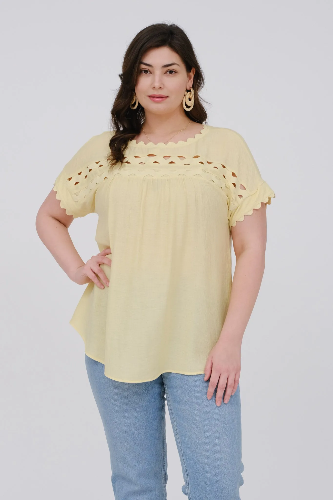 PLUS SCALLOP TRIM CUT-OUT SHORT SLEEVE BLOUSE sold by Blu Pepper