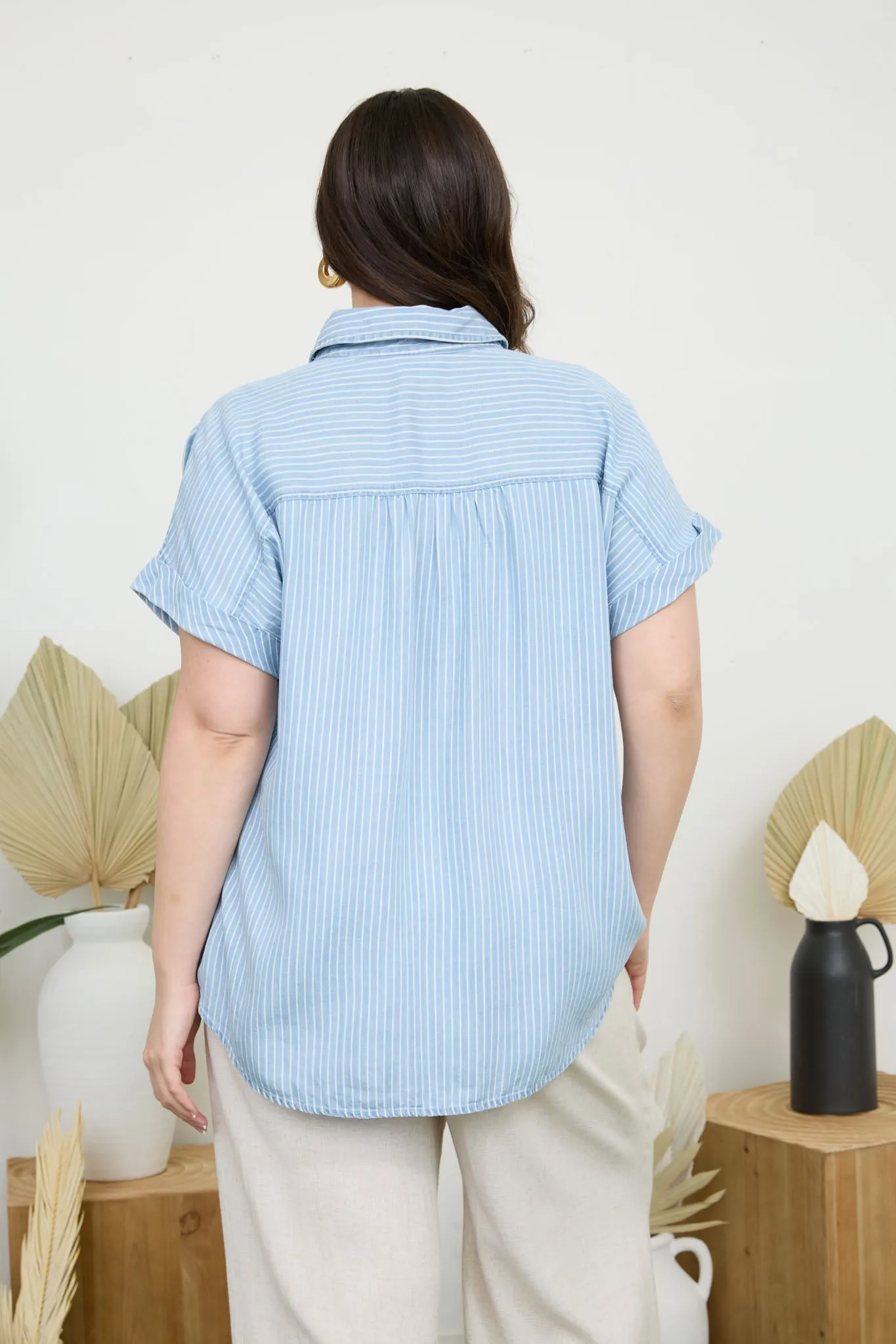 PLUS STRIPE CHAMBRAY BUTTON DOWN SHORT SLEEVE SHIRT sold by Blu Pepper product image thumbnail 2