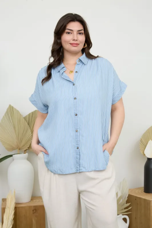 PLUS STRIPE CHAMBRAY BUTTON DOWN SHORT SLEEVE SHIRT sold by Blu Pepper