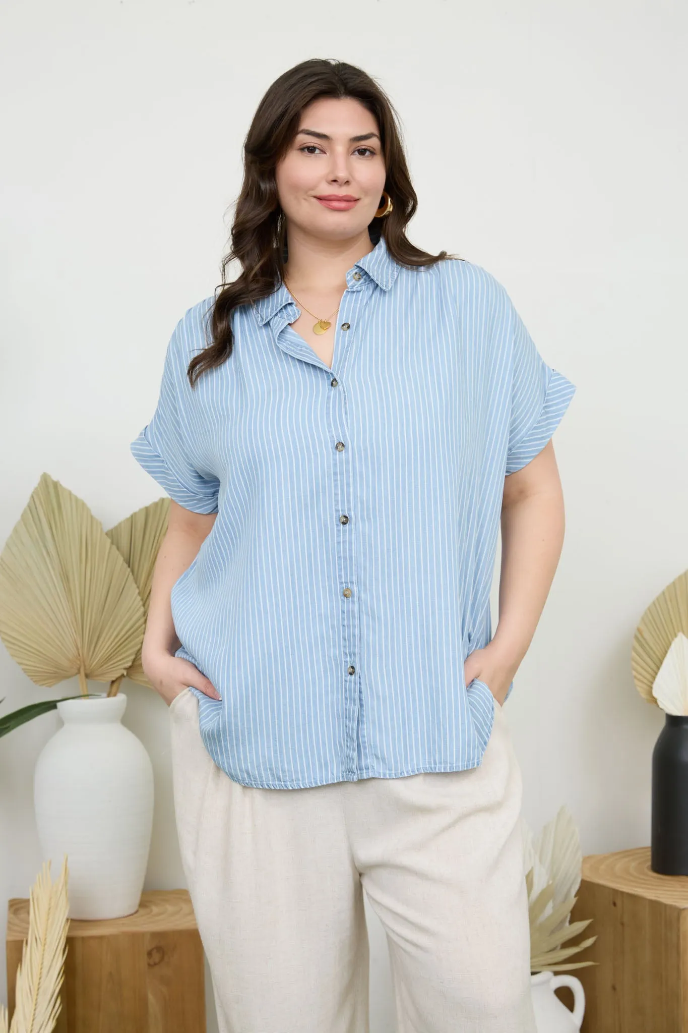 PLUS STRIPE CHAMBRAY BUTTON DOWN SHORT SLEEVE SHIRT sold by Blu Pepper