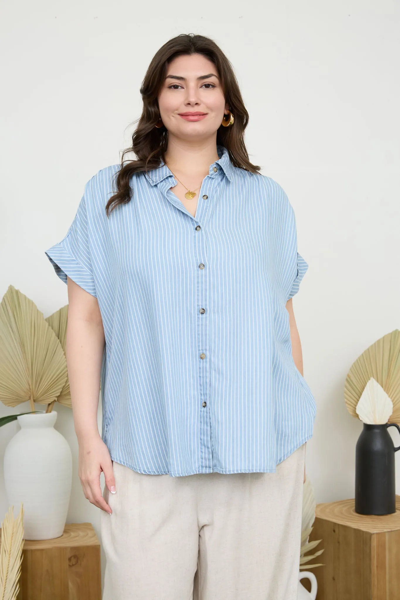 PLUS STRIPE CHAMBRAY BUTTON DOWN SHORT SLEEVE SHIRT sold by Blu Pepper product image thumbnail 4