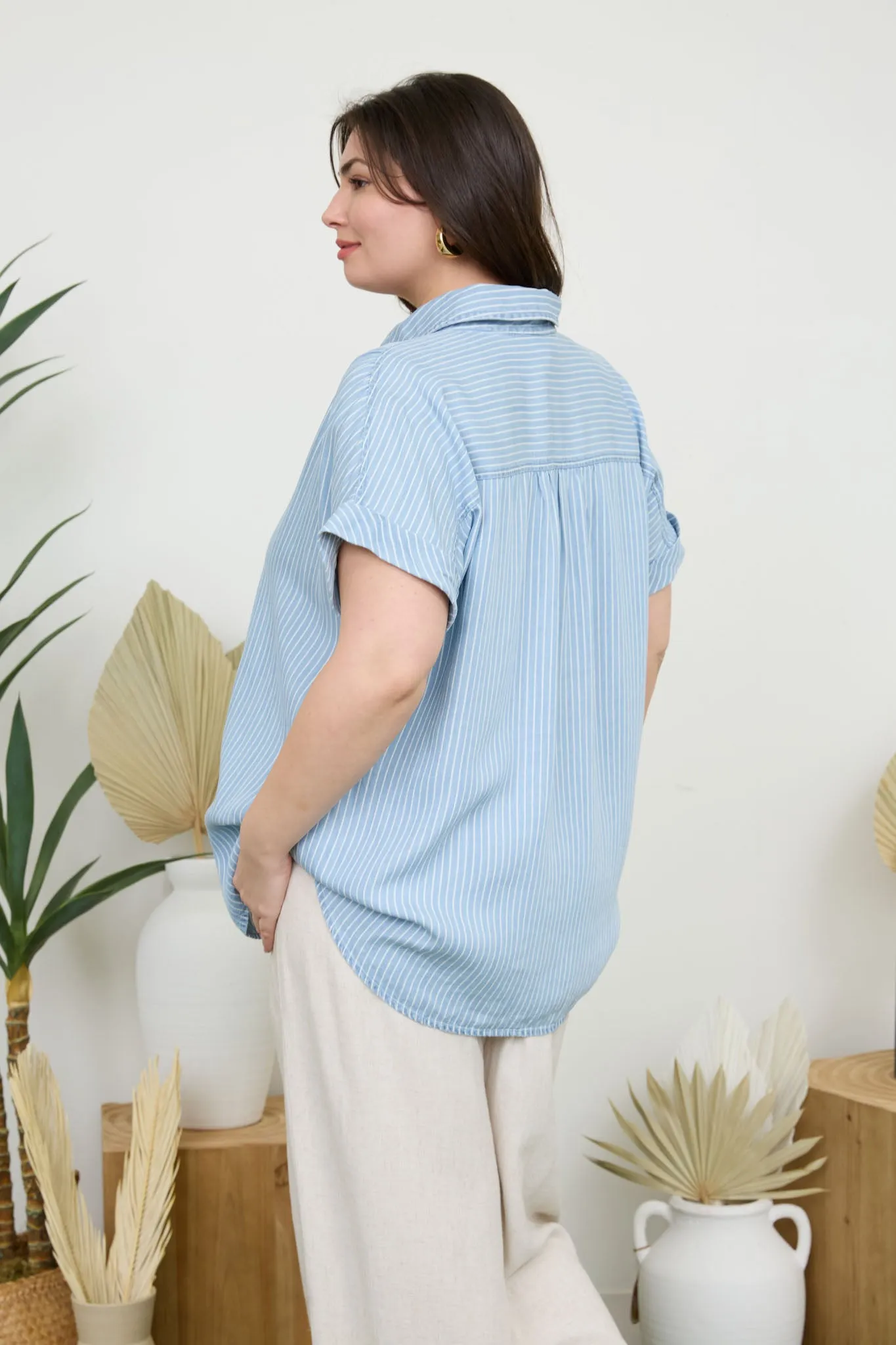 PLUS STRIPE CHAMBRAY BUTTON DOWN SHORT SLEEVE SHIRT sold by Blu Pepper product image thumbnail 5