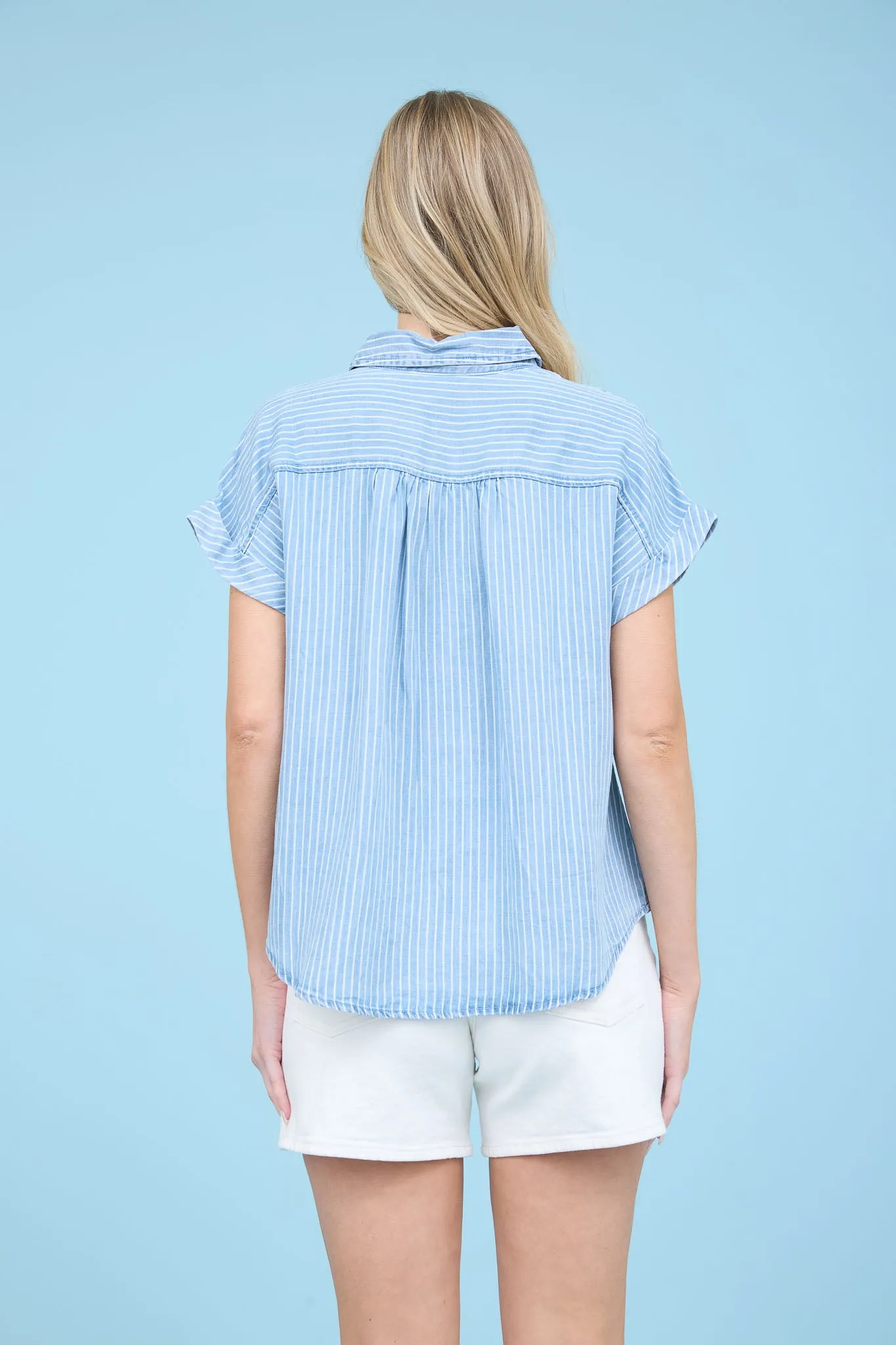 STRIPE CHAMBRAY BUTTON DOWN SHORT SLEEVE SHIRT sold by Blu Pepper product image thumbnail 2
