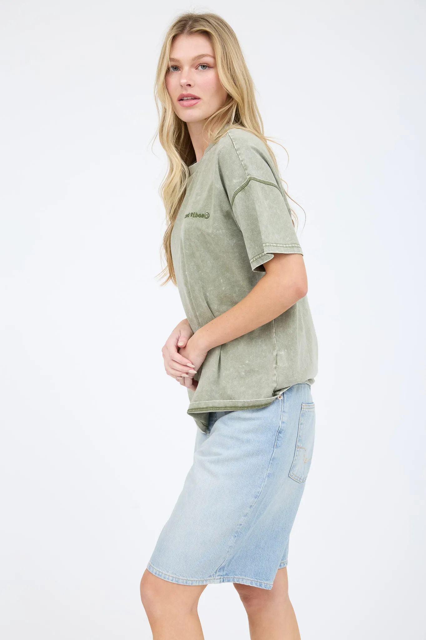 GOOD VIBES WASHED SHORT SLEEVE KNIT T-SHIRT sold by Blu Pepper product image thumbnail 3