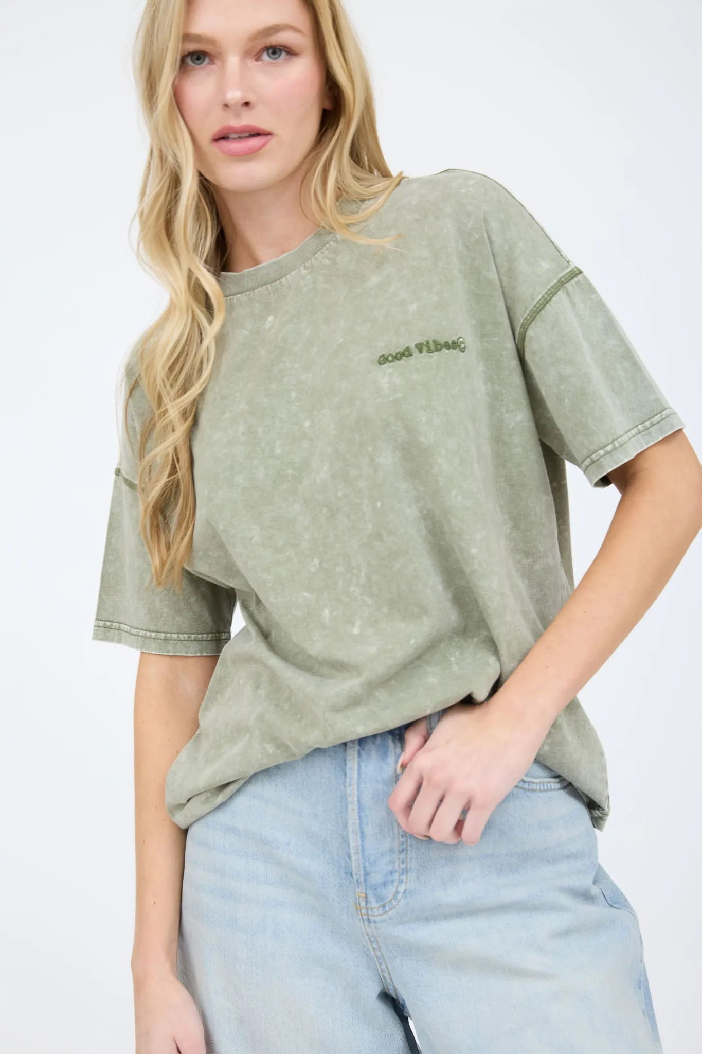 GOOD VIBES WASHED SHORT SLEEVE KNIT T-SHIRT sold by Blu Pepper
