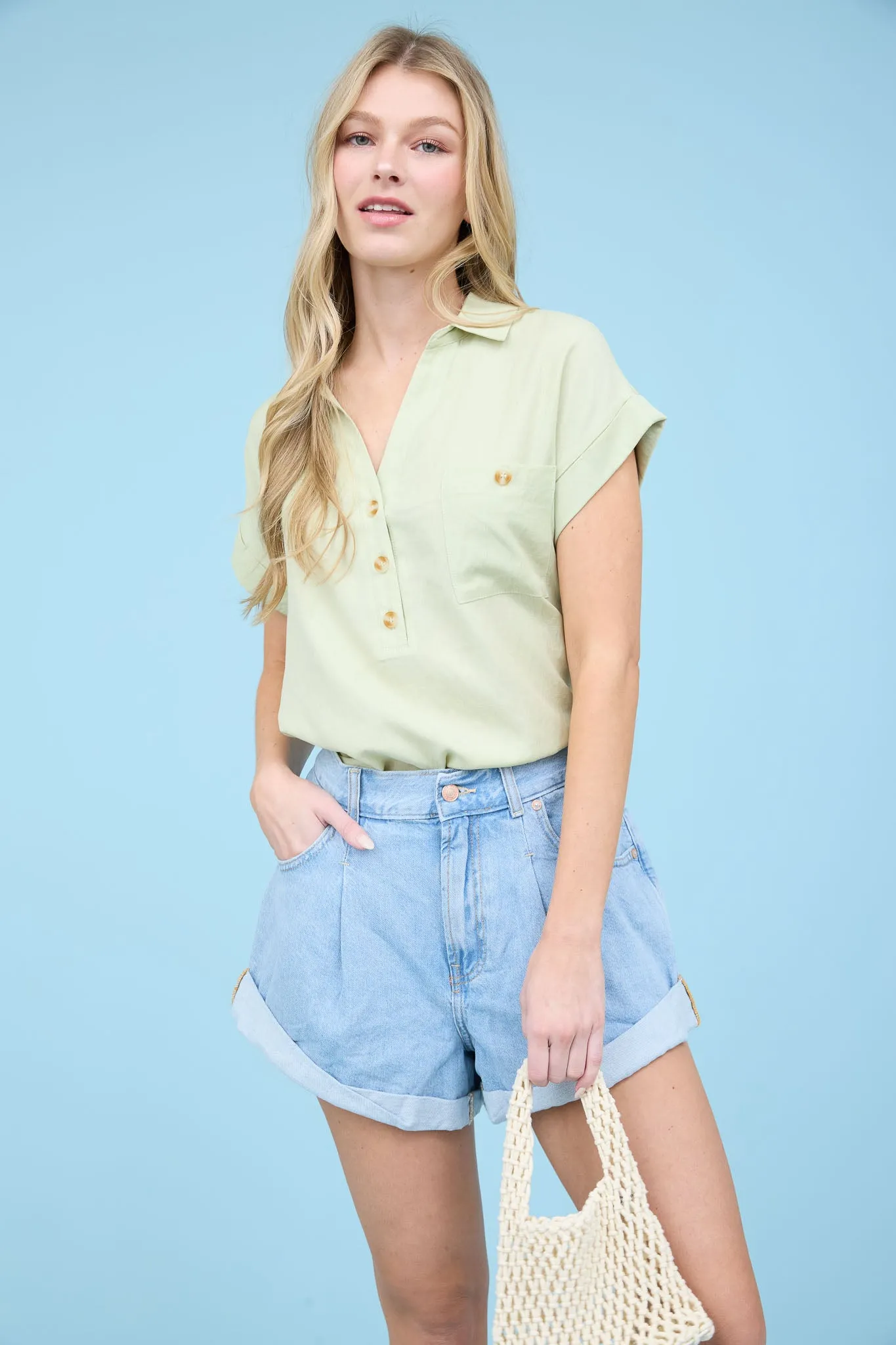 COLLARED BUTTON DOWN SHORT FOLD SLEEVE TOP sold by Blu Pepper product image thumbnail 5
