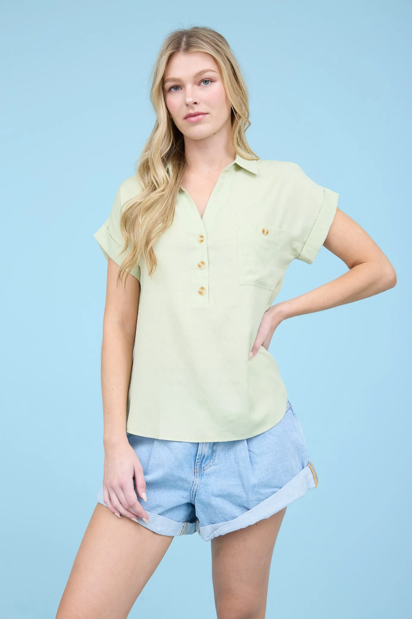 COLLARED BUTTON DOWN SHORT FOLD SLEEVE TOP sold by Blu Pepper product image thumbnail 4