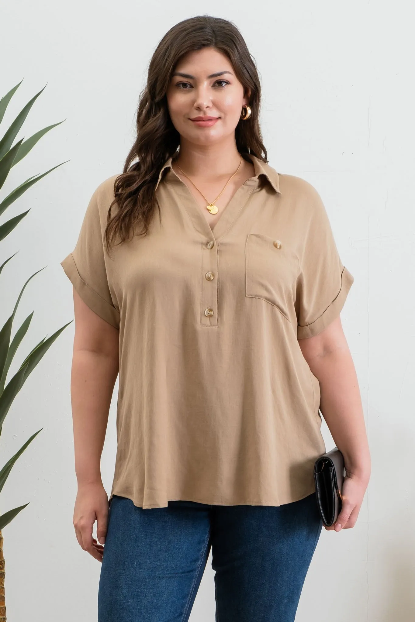 PLUS COLLARED BUTTON DOWN SHORT FOLD SLEEVE TOP sold by Blu Pepper product image thumbnail 5