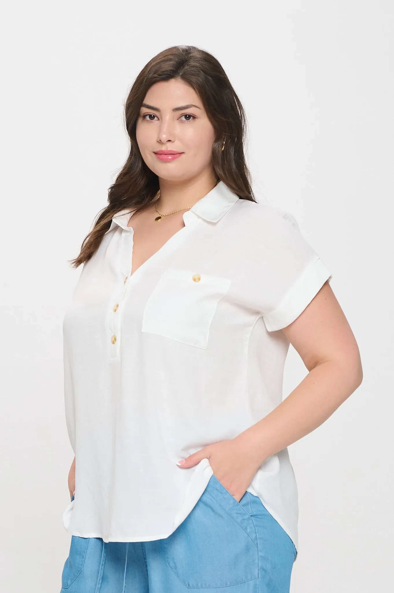 PLUS COLLARED BUTTON DOWN SHORT FOLD SLEEVE TOP sold by Blu Pepper product image thumbnail 3