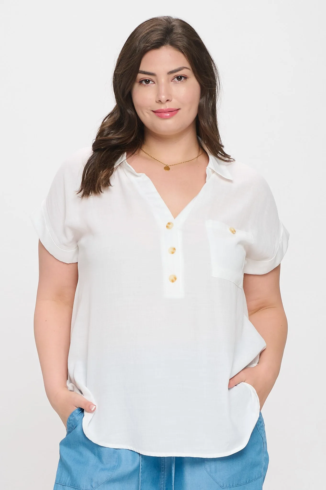 PLUS COLLARED BUTTON DOWN SHORT FOLD SLEEVE TOP sold by Blu Pepper