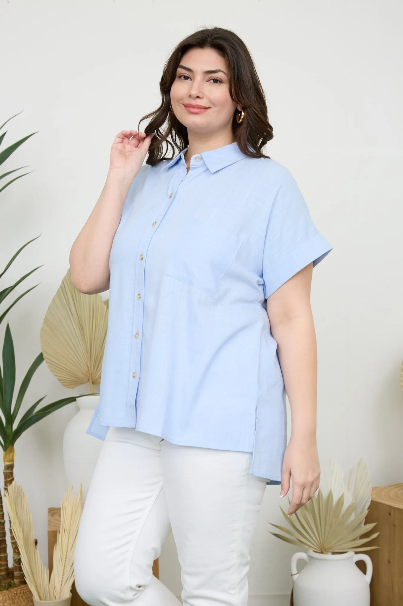 PLUS COLLARED BUTTON DOWN SHORT ROLL SLEEVE SHIRT sold by Blu Pepper product image thumbnail 3