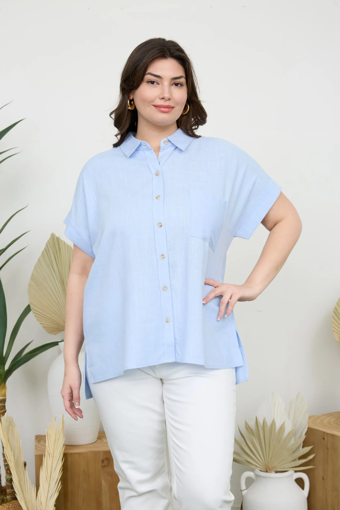 PLUS COLLARED BUTTON DOWN SHORT ROLL SLEEVE SHIRT sold by Blu Pepper