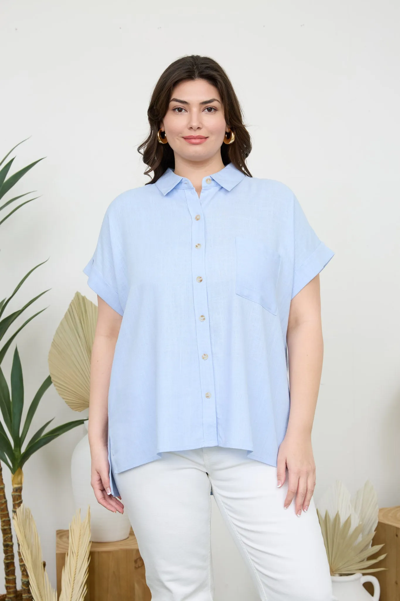 PLUS COLLARED BUTTON DOWN SHORT ROLL SLEEVE SHIRT sold by Blu Pepper product image thumbnail 4