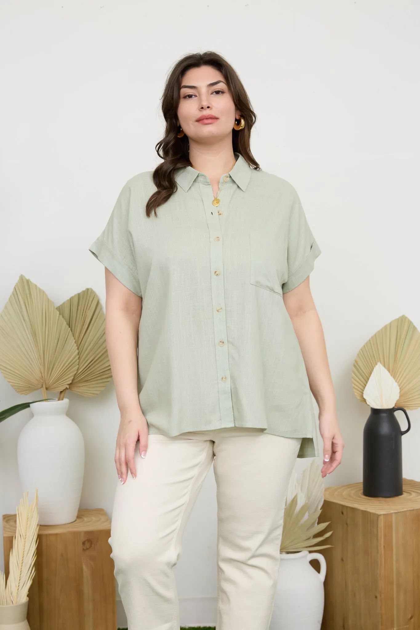 PLUS COLLARED BUTTON DOWN SHORT ROLL SLEEVE SHIRT sold by Blu Pepper product image thumbnail 5