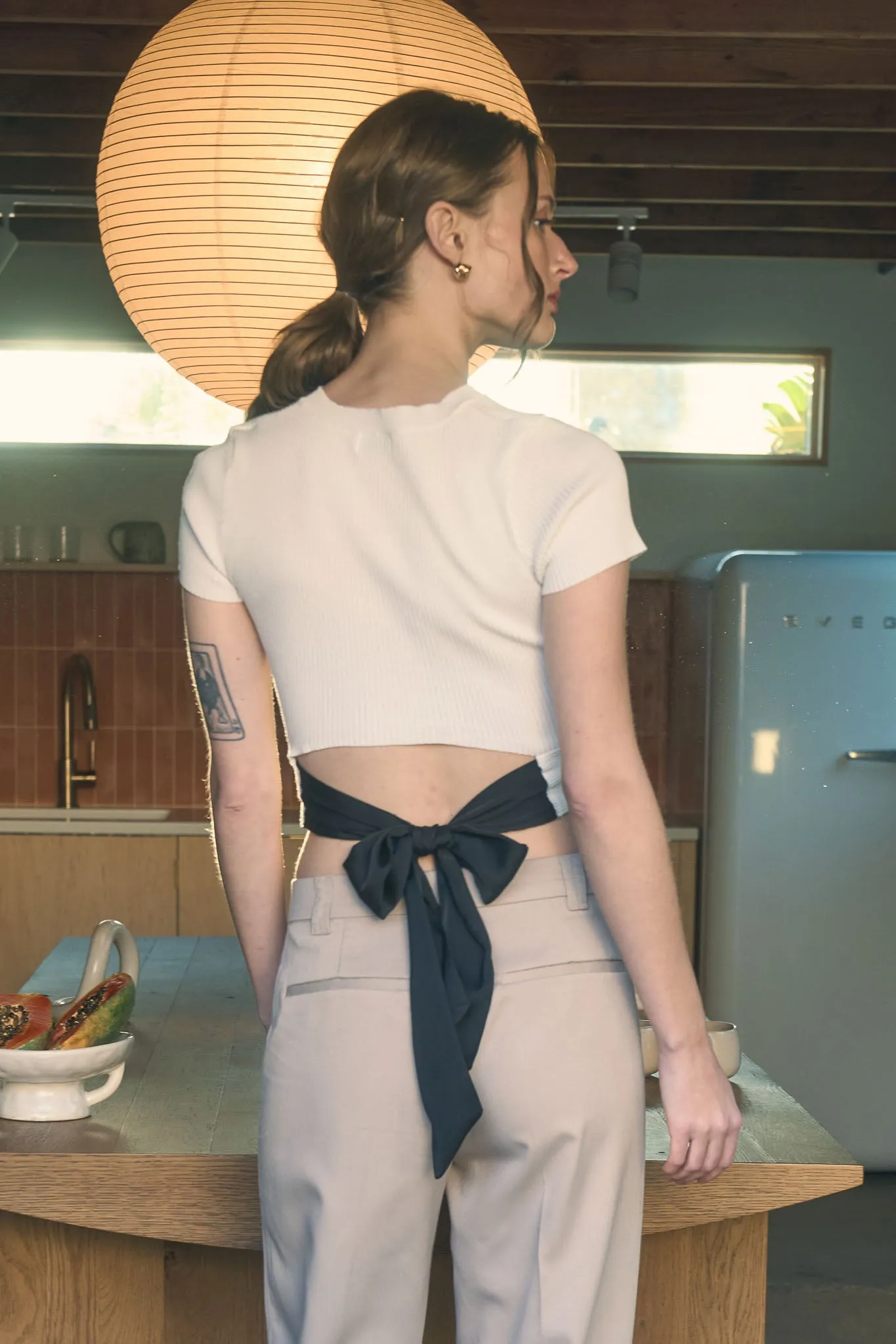 BACK TIE SHORT SLEEVE SWEATER KNIT CROP TOP sold by Blu Pepper product image thumbnail 2