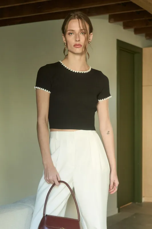 CONTRAST SCALLOP TRIM SHORT SLEEVE KNIT CROP TOP sold by Blu Pepper