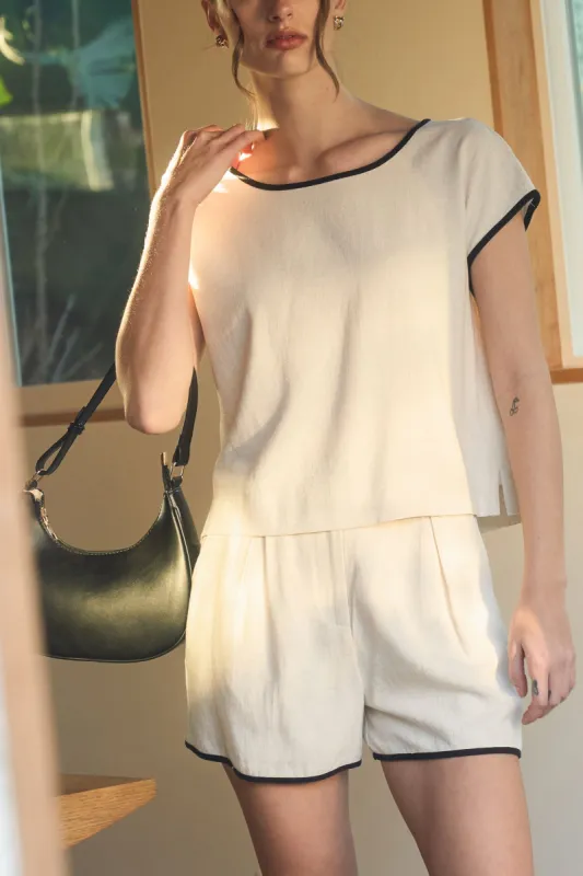 CONTRAST TRIM ROUND NECK SHORT SLEEVE LINEN SHIRT sold by Blu Pepper