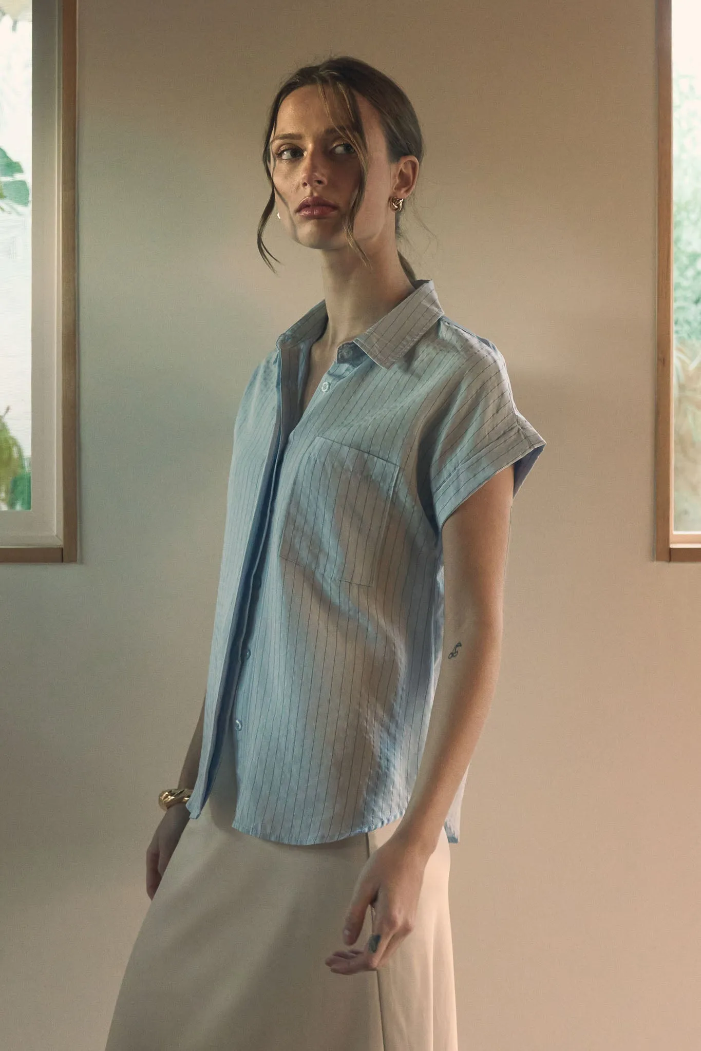PINSTRIPE SHORT SLEEVE COLLARED SHIRT sold by Blu Pepper product image thumbnail 4