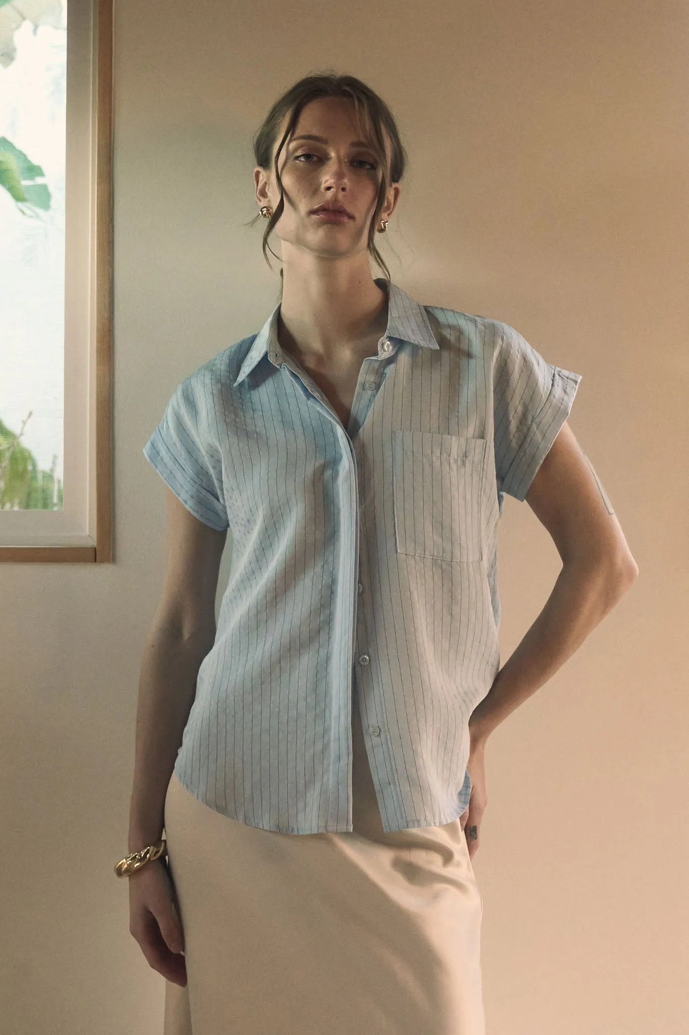 PINSTRIPE SHORT SLEEVE COLLARED SHIRT sold by Blu Pepper product image thumbnail 3