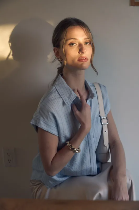 PINSTRIPE SHORT SLEEVE COLLARED SHIRT sold by Blu Pepper