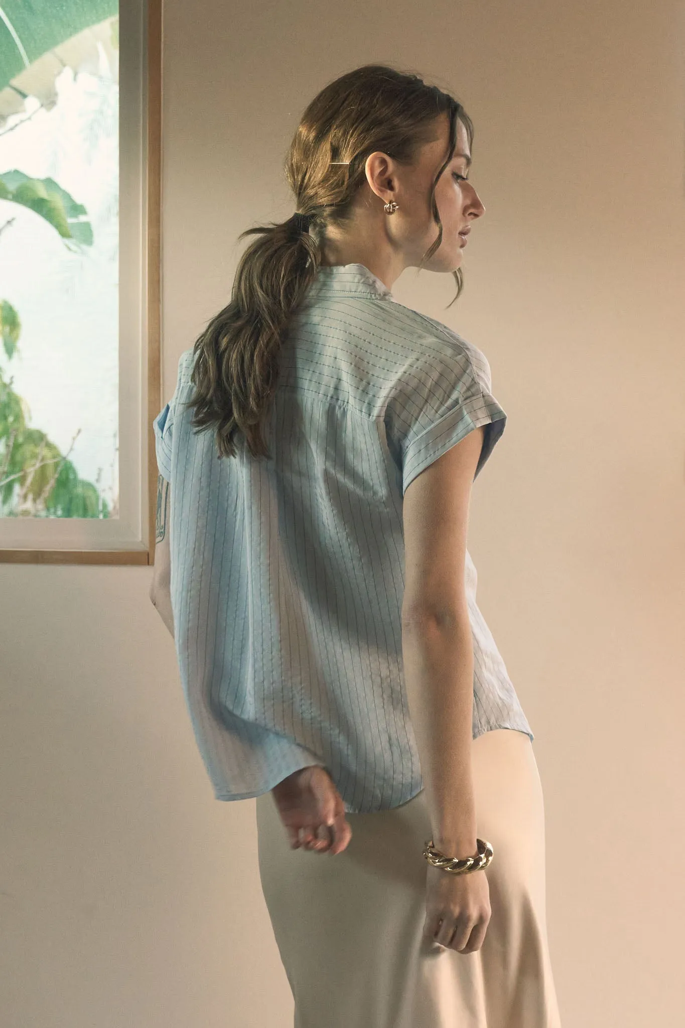 PINSTRIPE SHORT SLEEVE COLLARED SHIRT sold by Blu Pepper product image thumbnail 2