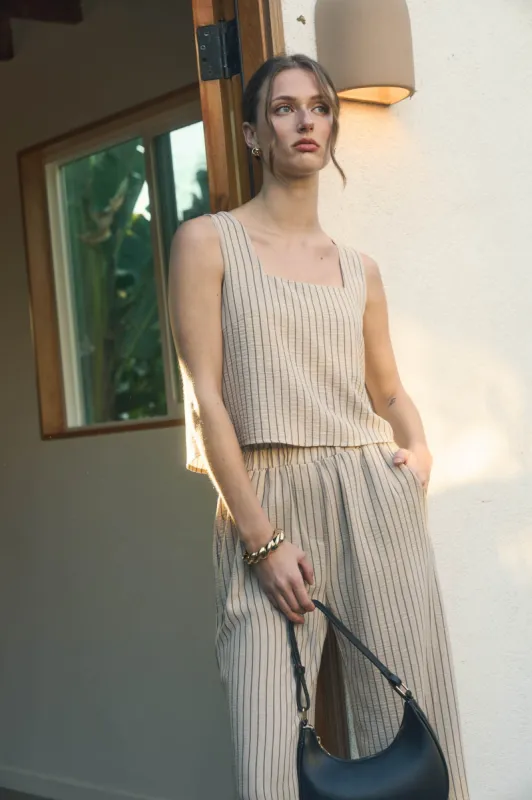 PINSTRIPE SLEEVELESS TANK AND WIDE LEG PANT SET sold by Blu Pepper