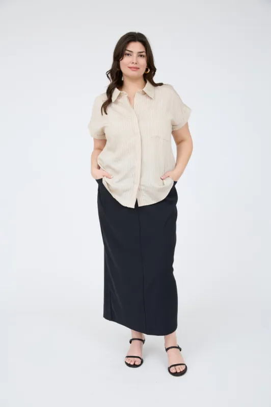 PLUS PINSTRIPE SHORT SLEEVE COLLARED SHIRT sold by Blu Pepper