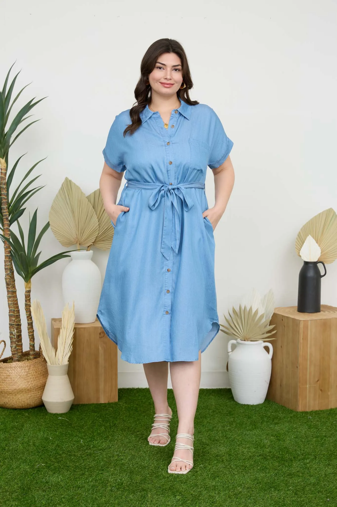 PLUS CHAMBRAY BELTED BUTTON DOWN MIDI SHIRT DRESS sold by Blu Pepper