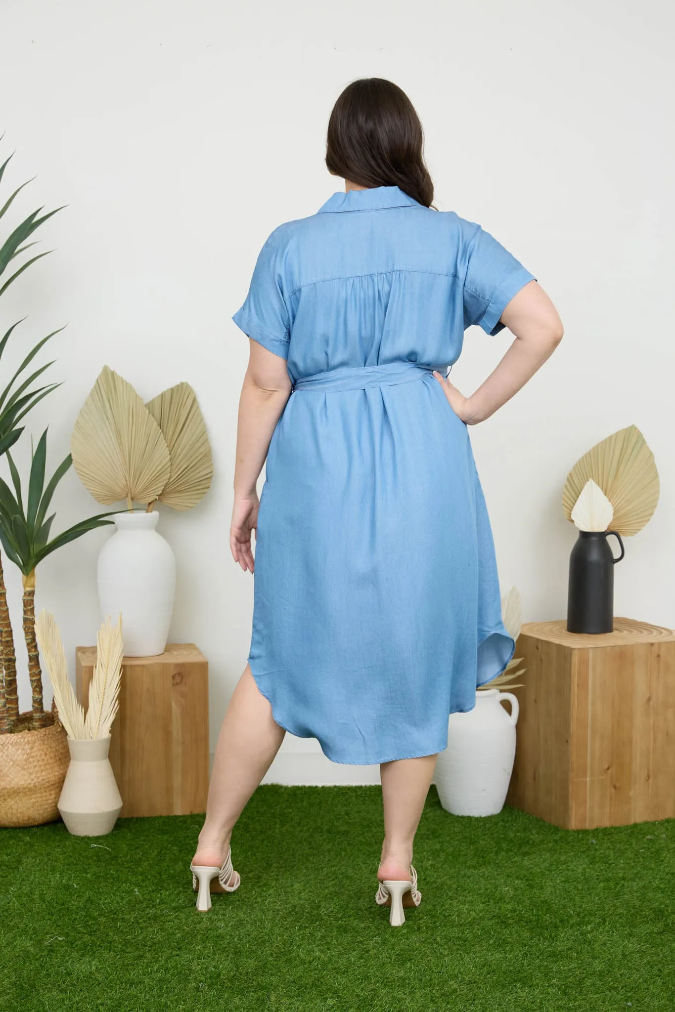 PLUS CHAMBRAY BELTED BUTTON DOWN MIDI SHIRT DRESS sold by Blu Pepper product image thumbnail 2