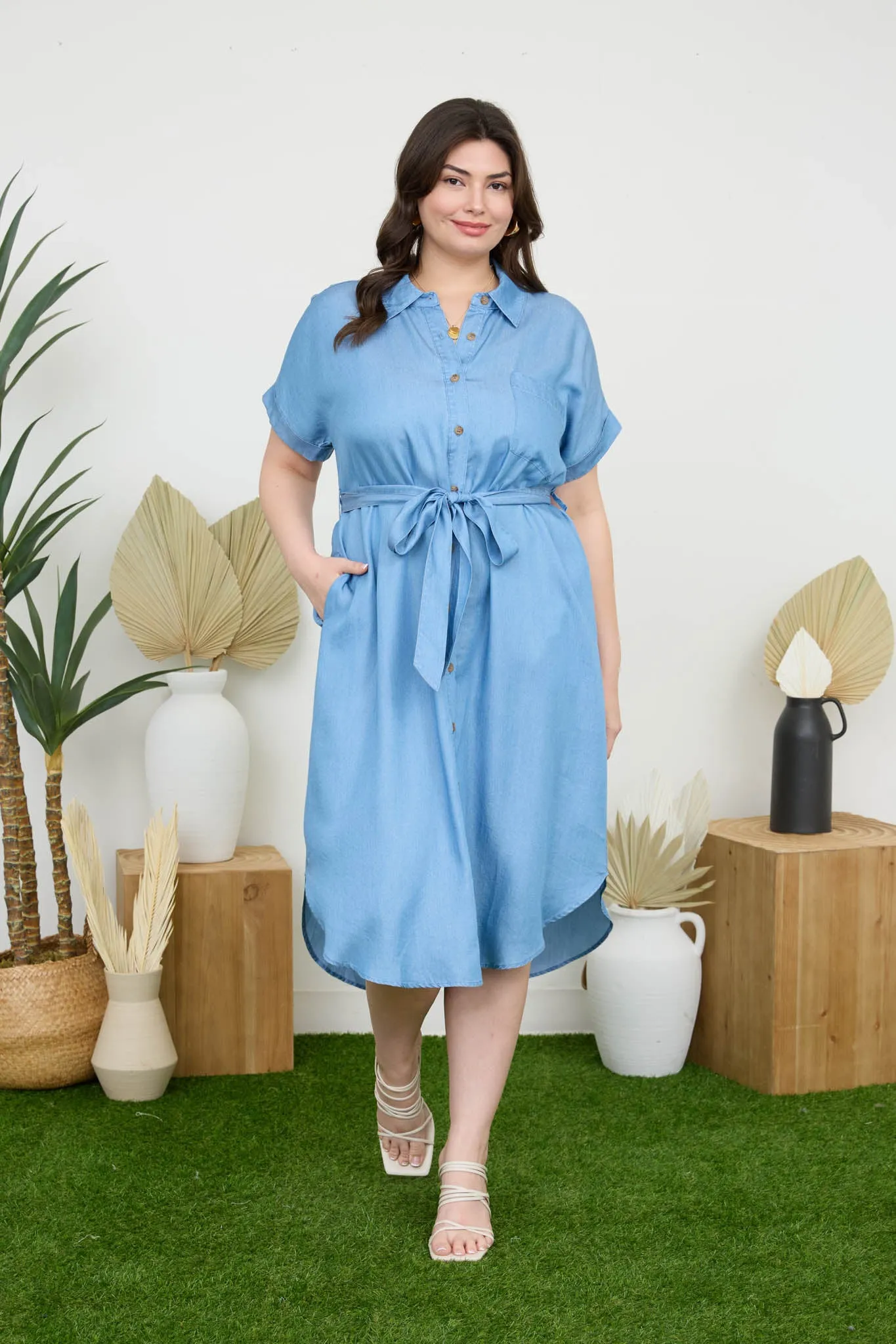 PLUS CHAMBRAY BELTED BUTTON DOWN MIDI SHIRT DRESS sold by Blu Pepper product image thumbnail 5