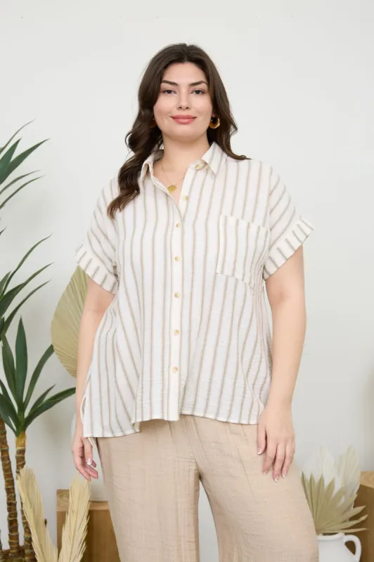 PLUS STRIPE COLLAR SHORT SLEEVE BUTTON DOWN SHIRT sold by Blu Pepper